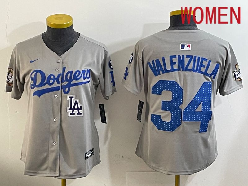 Women Los Angeles Dodgers #34 Valenzuela Grey Game 2024 Nike MLB Jersey style 1205->women mlb jersey->Women Jersey